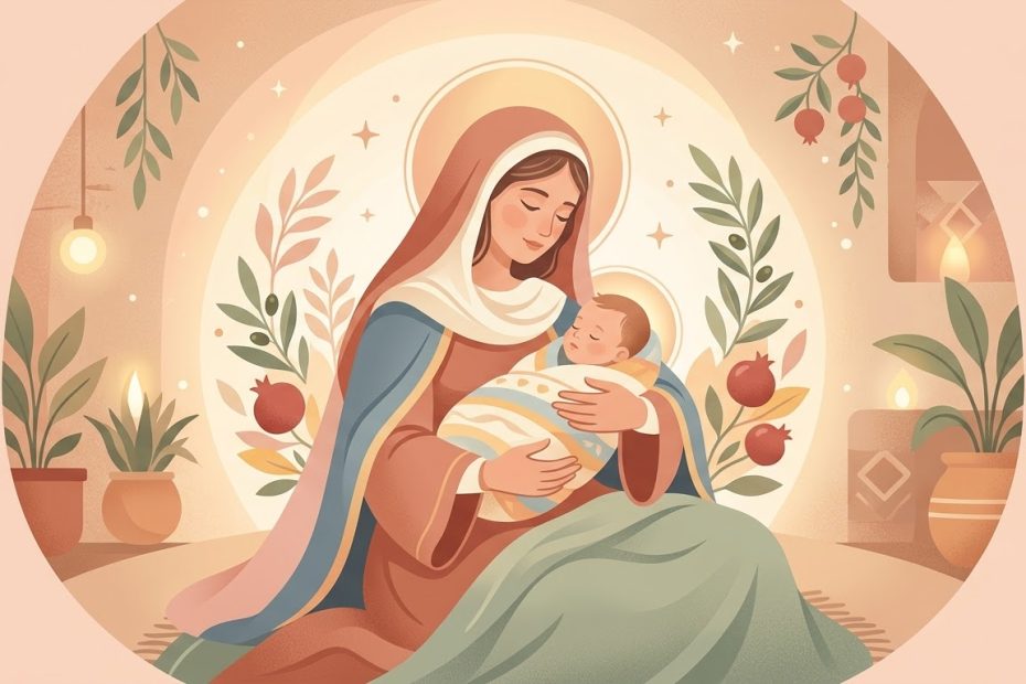 Primo Giorno: Fiducia in Maria Madre di Dio - un ritratto stilizzato di Maria che culla Gesù Bambino con tenerezza